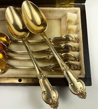 Opulent Antique French Sterling Silver 18k Gold Vermeil Spoon Set of 6 in Box picture