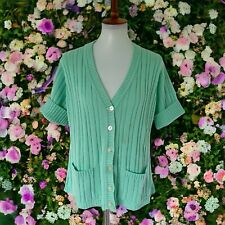 Vintage 60s/70s Ribbed Knit Pastel Mint Green Button Front Cardigan Sweater L picture
