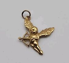 Vintage Solid 14Kt Gold Cupid Angel Valentines Love Bow & Arrow Pendant Charm picture