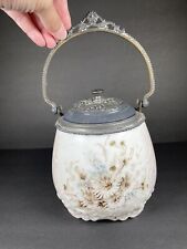 Antique WAVECREST Satin Art Glass Hand Painted Floral Biscuit Jar Silver Plate picture