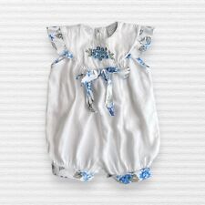 Vintage Macy's Little Wishes Baby Girls Bubble Romper White Blue Floral Sz 12M picture