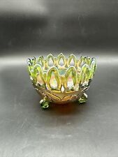 Northwood Green & Opalescent Carnival Glass 3 Footed Bowl Wild Rose 1930’s Gift picture