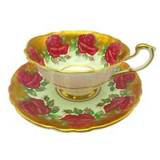 Paragon Red Cabbage Rose Rare Double Warrant Tea Cup Saucer Gold Trim Light Aqua picture