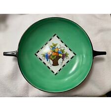 Noritake “M” green bowl w Basket Of Assorted Fruits Design and Black Handles. picture
