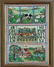 Vintage Framed Needlepoint Sampler Country Farm Life Animals Alphabet Folk Art picture