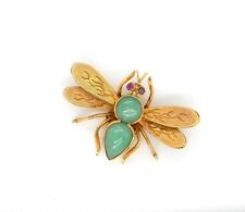 Victorian Vintage Natural Jade Honey Bee Insect Brooch Pin 14K Yellow Gold Over picture