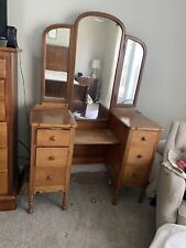 Vintage Solid Maple Mirrored Vanity Dressing Table 6 Drawer  picture