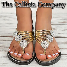 On Sale CHIC FLIP FLOPs WITH RHINESTONE EMBELLISHED FLOWERS (US SZ 8) (GOLD) picture