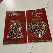 Two's Company Jeweled Ornaments Antique Bronze Filigree 2 New in box~heart-Bell picture