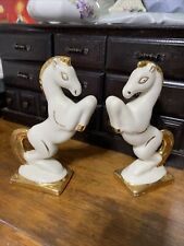 Art Deco Rearing Horse Ceramic Statue White Gold Crackle Glaze 6 3/8” tall. Pair picture