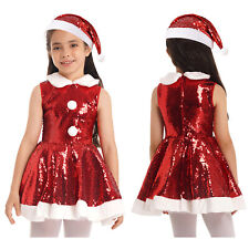 US Kids Girls Dress With Hat Sets Velvet Christmas Costume Sequins Xmas Dress Up picture
