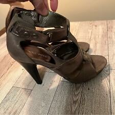 Nine West Bronze Strappy leather & wood Slingback Peeptoe heels size 6.5M Sandal picture