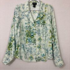 Vintage Avenue Green Blue Floral 100% Silk Long Sleeve Button Down size 14/16 picture