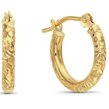 14K Real Solid Gold Hand Engraved Diamond-Cut Round Small Hoops Earrings 13mm picture