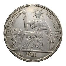 1921 Silver 1 Piastre Commerce French Indo-China Rare Crown Thaler Sized Coin 5E picture