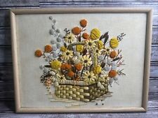Vtg 1970s Crewel Embroidery Art Mcm Orange Basket Bouquet Gold Yellow Flowers picture