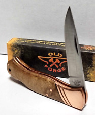 Old Forge Brown Wood Handle Copper Grooved Bolster Lockback Folding Pocket Knife picture