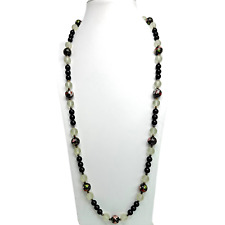 Vintage Onyx Cloisonné Fluorite Hand Knotted Beaded Necklace 28