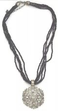 Women's Vintage Necklace Heavy Silver Tone Round Indented Charm Gems Seed Bead. picture