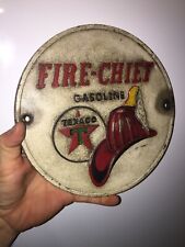 Texaco Gasoline Fireman Cast Iron Patina Plaque Sign Firefighter 9” Fire Chief picture
