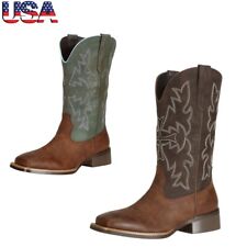 Womens Cowgirl Cowboy Square Toe Mid-calf Boots Vintage Western Wide Calf Boots picture