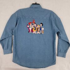 Vintage Flintstones Shirt Men M Fits LARGE Blue Denim Fred 90s Button Up Cartoon picture