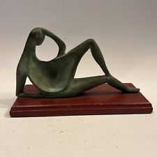 Vintage Henry Moore Style Reclining Figure Bronze Sculpture On Wood Base picture