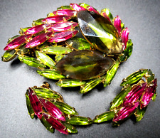 Designer Unsigned Fuchsia Pink & Olivine Green Brooch Earring Set picture
