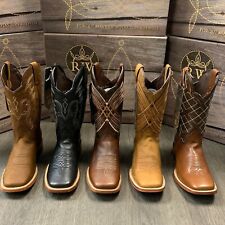 MEN'S RODEO COWBOY BOOTS GENUINE LEATHER BROWN SQUARE TOE BOTA RANCH SADDLE picture