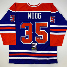 Autographed/Signed Andy Moog Edmonton Blue Hockey Jersey JSA COA picture