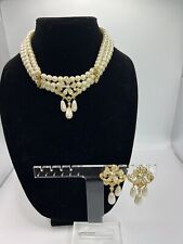 Vintage Faux Pearl Rhinestone Set Necklace Earrings Statement Opera picture