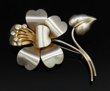 925 Silver - Vintage Two Tone Cubic Zirconia Stem Flower Brooch Pin - BP9914 picture