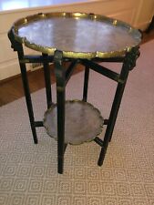 Vintage Antique Asian Brass Two-Tier Tray Table 20”H with Folding Stand 14” D picture