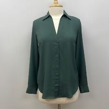 Ann Taylor Satin V-Neck Collared Button Down Blouse Business Career Green XS picture