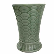Large Vintage Monmouth Pottery Vase Green Scalloped Fish Scale Design Sage picture
