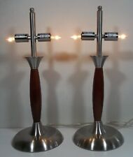 Lot of 2 Mid Century Natural Wood and Stainless Steel Touch Control Table Lamps picture