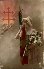 RPPC WWI flag patriotic woman flowers battlefield 1919 handcolored real photo PC picture