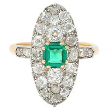 Edwardian French Antique Emerald Diamond Platinum 14 Karat Gold Navette Ring picture