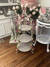 Antique Tole Pink Rose Display Shelf Italian 3 Tier Metal Shabby Chic picture