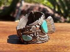 Vintage Intricate Turquoise Navajo Wide Cuff Watch Band picture