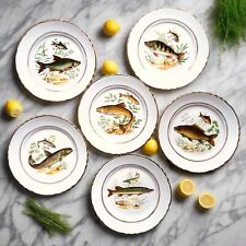 Six Vintage Fish Plates by Moulin des Loups. French Fish Dinnerware Set. picture