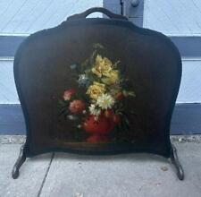 Antique Victorian Floral Decorated Hand Painted on Faux Leather Fire Screen picture