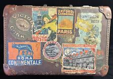 Antique Cheney UK Leather Luggage Suitcase W/Travel Stickers Italy,Caro,Paris + picture
