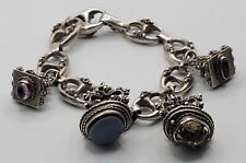 Antique 800 Silver Etruscan Revival 4 FOB Charm Bracelet w/ Gemstone Charms 8