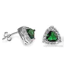 Stunning Emerald Trillion Halo Stud Earrings in Solid Sterling Silver picture