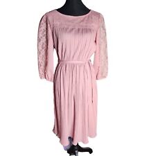 Vintage Tea Dress Pink Mauve S M Polyester Lace Pleated Midi Sash Tie picture