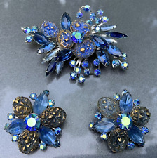 Vintage Beau Jewels Blue Gold Rhinestone Art Glass Brooch Earring Statement Set picture