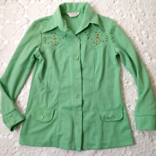 Vtg 70s JCPenney Jacket Shacket Green Western Beaded Floral Stitch Large Women picture