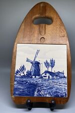 Vintage 70s Dutch Delft Blue Tiled Cheese Board Hand Painted 11.5 x 7