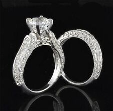 1.38 CT White Round CZ Antique Style Wedding Matching Bridal 925 Silver Ring Set picture